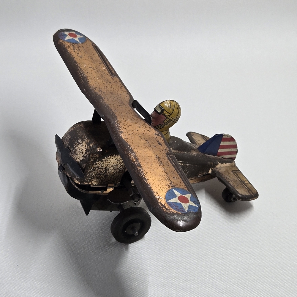 Marx c.1940 Vintage Toy Airplane with Pilot Wind-up